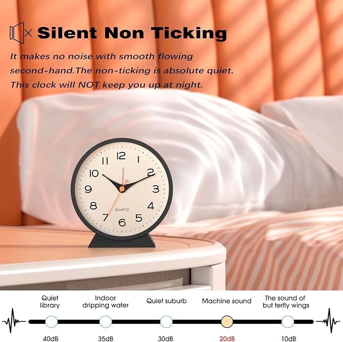 AYRELY® 4.5" Analog Alarm Clock,Small Retro Desk Clock Battery Operated,Slient Metal Table Clock with Light for Living Room Decor,Bedroom,Bedside,Shelf (Black)