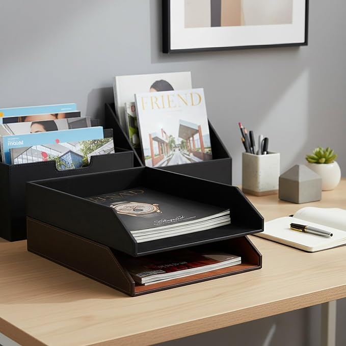 UnionBasic Stackable Document Paper Letter Tray, Faux Leather Desktop File Sorter Organizer Tray, Black