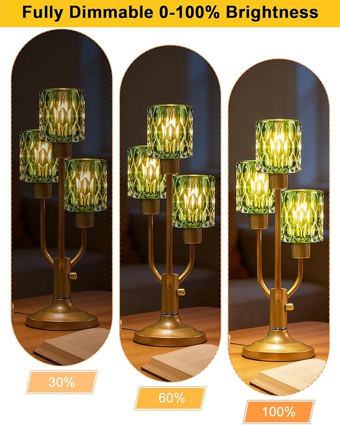 Lightdot Mid Century Modern Table Lamp for Living Room Dimmable Nightstand Lamp Gold Vintage Desk Lamp Green Glass 3 Bulbs Included Warmwhite Ambient Bedside Lamp for Bedroom Home Office Decor Gift