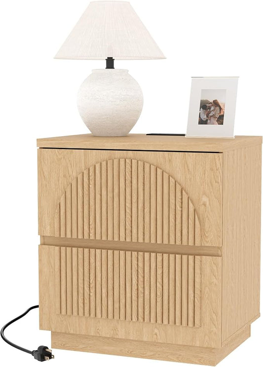 Nightstand with Drawers, 2-Drawer Arched Fluted Nightstand with Charging Station, Wooden Night Stand with Storage,Modern Furniture for Bedroom Organization