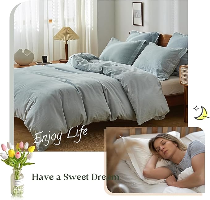 Simple&Opulence 100% Linen Duvet Cover Set, 3 PCS Natural French Flax Dusty Blue Duvet Cover Queen Size, Breathable Soft Comfy Linen Bedding Comforter Cover with 2 Pillowcases(Dusty Blue, 88"x92")