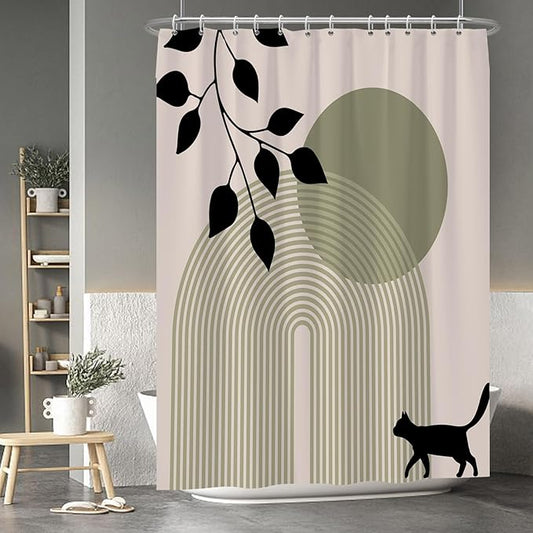 Baocicoo Minimalist Boho Shower Curtain Mid Century Silhouette Cat Botanical Shower Curtain for Bathroom Home Bathtub Living Room Decor Fabric Waterproof Curtain for Bathroom with Hooks 72x96 Inches