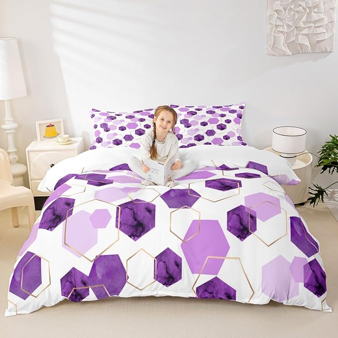 Erosebridal Purple Duvet Cover Queen Size for Boys Girls Geometric Hexagon Bedding Sets Modern Abstract Art Decor Bed Set Lavender Marbling Striped Bed Cover with 2 Pillow Cases