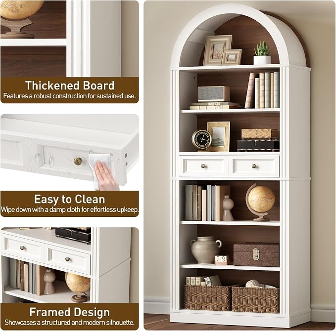 RALGEND Arched Bookshelf Set of 2, 73" Tall Arch Bookcase with Drawer, 6-Tier Farmhouse Book Shelf, Wooden Bookshelf with Open Display Shelves for Living Room, Office, Walnut and White