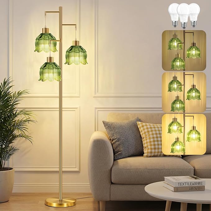 Floor Lamp for Living Room,Bedroom, Vintage 3 Light Standing Lamp Mid Century Modern Gold Tree Tall Floor Lamps Retro Floor Lights Green Glass Flower Lamp Shade Farmhouse Boho Bohemian