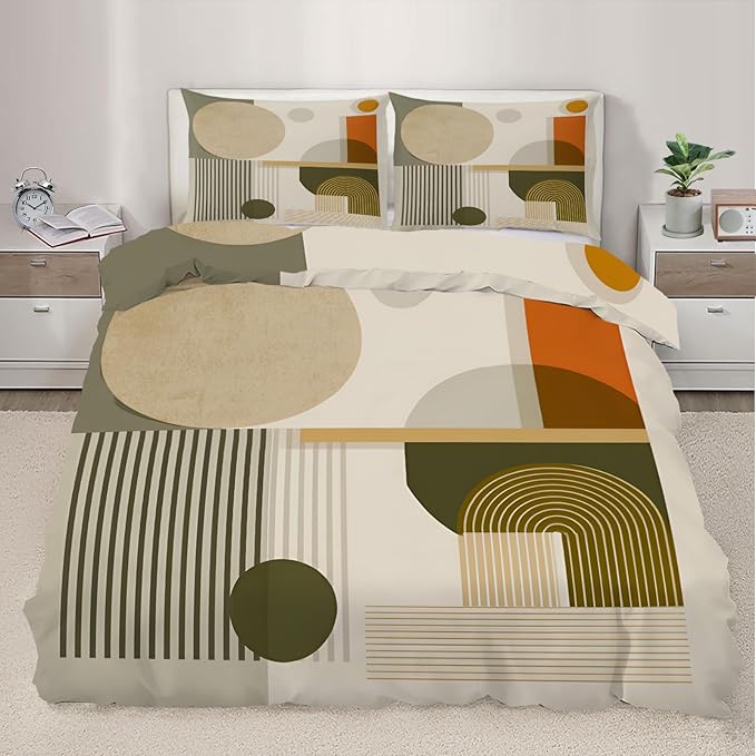 Middle Ages Duvet Cover Oversized King, Retro Colorful Geometry Bedding Set 3 Piece Bedroom Decor Minimalism Patterned Comforter Cover with Zipper Ties & 2 Pillowcases