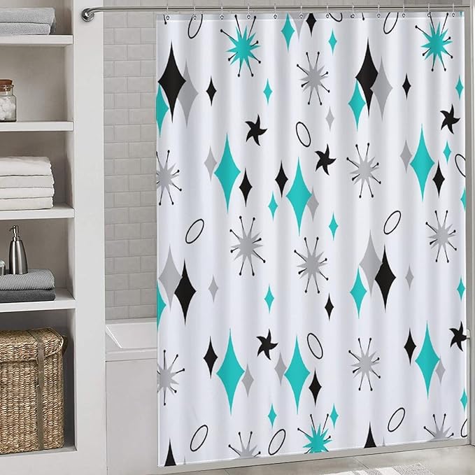 Mid Century Modern Shower Curtain for Bathroom, Abstract Geometric Teal Gray Atomic Iconic Retro 1950s 1960s Vintage Rustic Waterproof Fabric Shower Curtain Set with Hooks, 72"x84"