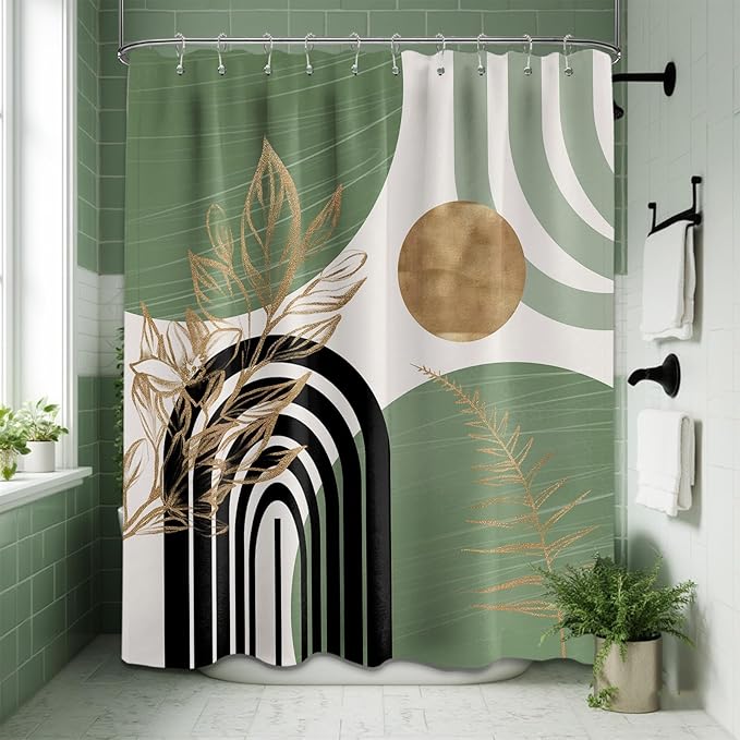 Sage Green Shower Curtain Boho Mid Century White and Light Green and Black Shower Curtains for Bathroom Decor, Waterproof Cloth Fabric with Hooks, 60" W x 72" L