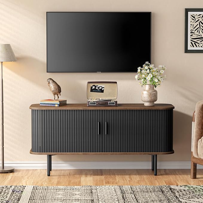 47''W Black Storage Cabinet, Fluted Sideboard Buffet Cabinet with Storage, Console Table Credenza with Tambour Slatted Sliding Doors and Shelves, Modern TV Stand for Living Room, Kitchen, Entryway