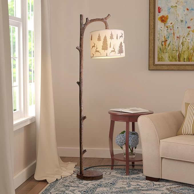 70" Farmhouse Rustic Floor Lamps for Living Room, Brown Vintage Tree Trunk Standing Tall Lamp Faux Wood with Fabric Drum lampshade, Vintage Reading Floor Light for Bedroom Office Hotel