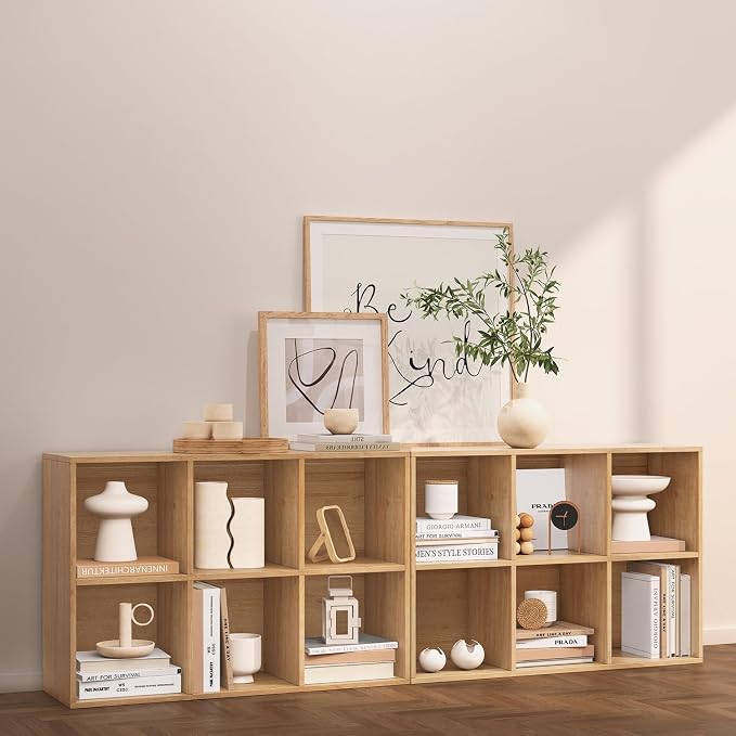 Wooden 6 Cube Storage Organizer with Closed Back Panel,White Cube Shelf Cubby Storage Organizers with Compartments for Living(Oak, 6 Cube-13in)