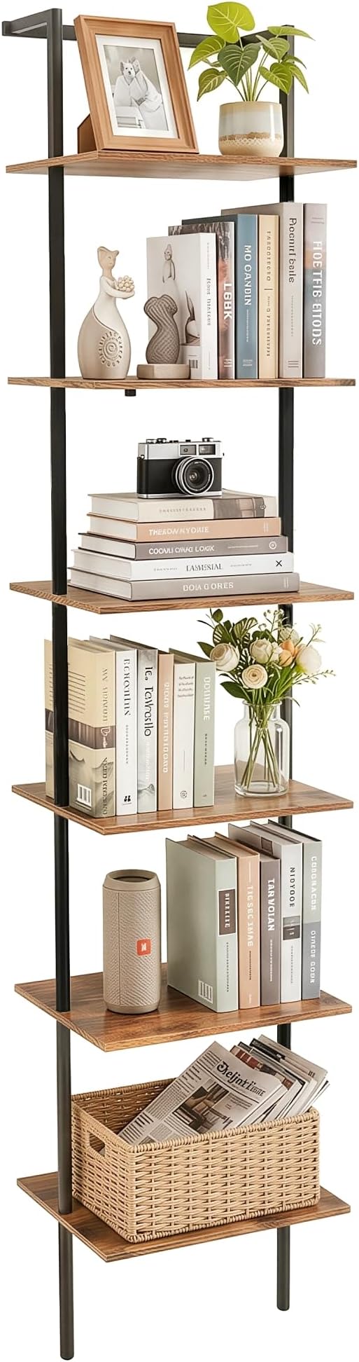 6-Tier Ladder Shelf, 77 Inches Wall Mounted Ladder Bookshelf with Metal Frame, Wood Tall Open Storage Rack and Display Shelves for Home Office Bedroom Living Room, Rustic Brown