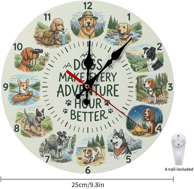 Dog Adventure Wooden Wall Clock Silent Non Ticking | Cute Pet Animal Home Decor for Kitchen Living Room Bedroom Office | Unique Gift for Dog Lovers
