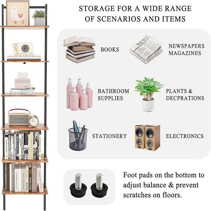 6-Tier Ladder Shelf, 77 Inches Wall Mounted Ladder Bookshelf with Metal Frame, Wood Tall Open Storage Rack and Display Shelves for Home Office Bedroom Living Room, Rustic Brown