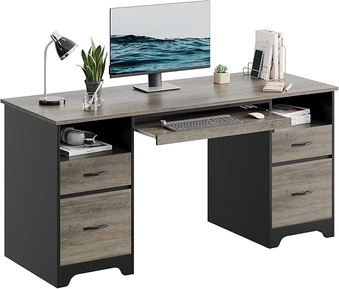 Bestier 59 Inch Office Desk with 4 Drawers, Computer Desk with Storage, Executive Desk with File Drawer, Keyboard Tray & 2 Pedestals on Both Sides for Home Office, Studio, Grey&Black