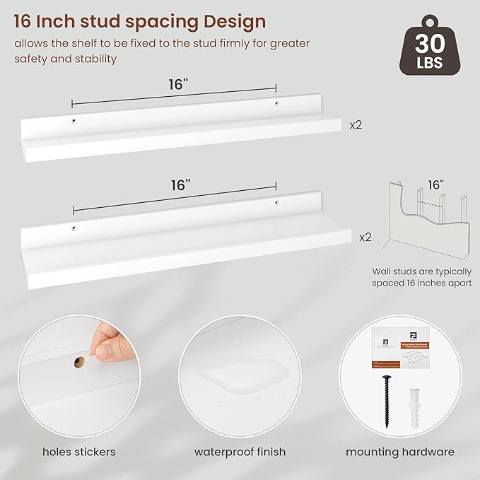 Axeman Picture Ledge Shelf | 24 Inch White Floating Shelves Set of 4 | Rustic Wood Wall Shelves with Lip | 24" White Picture Shelves for Wall with Ledge | Photo Shelves