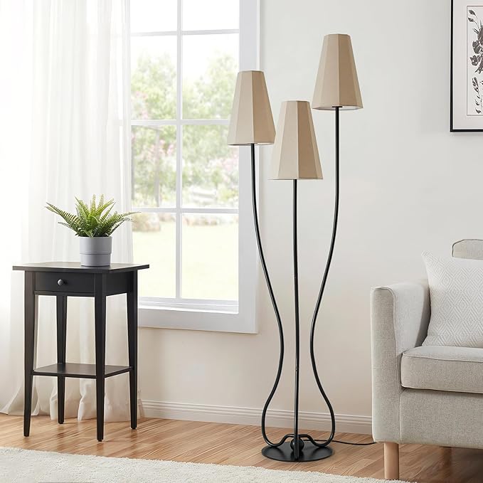 Artistic Vintage Floor Lamp, 3-Light Standing Lamps with Sculptural Curved Iron Base & Octagonal Linen Shades, Statement Lighting for Living Room, Bedroom, Studio