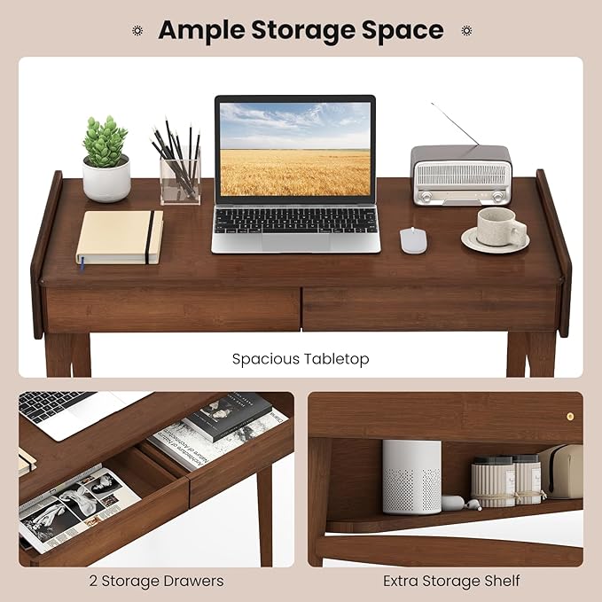 Giantex Mid Century Modern Desk, 39.5" Bamboo Computer Desk with 2 Drawers and Open Storage Shelf, Makeup Vanity Table, Wood Computer Workstation, Vintage Writing Desk for Bedroom, Walnut