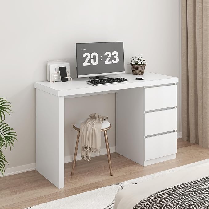 furtble White Desk with Drawers, 43'' W Home Office Computer Desk Gaming Table, Modern Vanity Desk with Storage, Wood Writing Workstation for Bedroom, Living Room, White