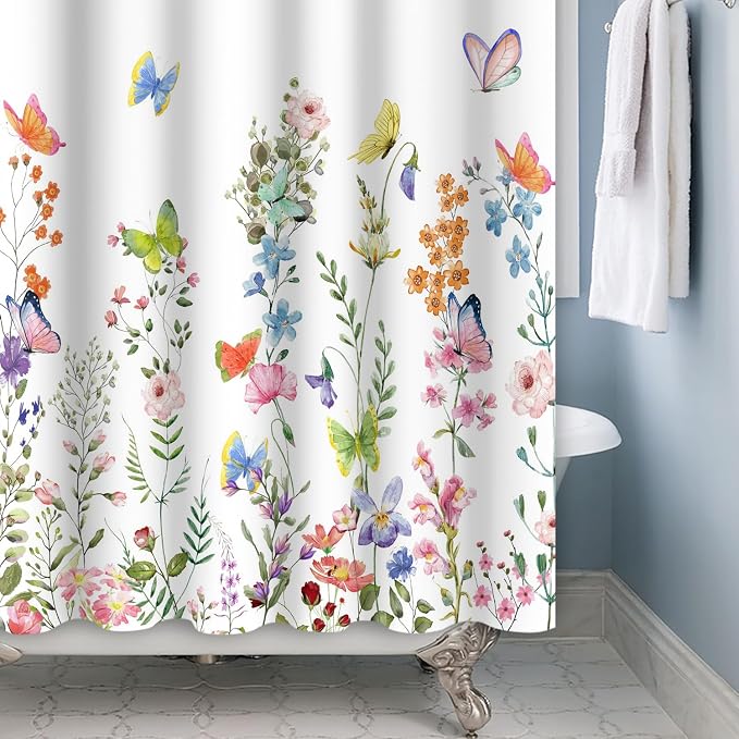 Spring Floral Butterfly Shower Curtain Summer Colorful Wildflowers Botanical Shower Curtain for Rustic Vintage Bathroom Decor Easter Shower Curtain Set 72x96 Inches