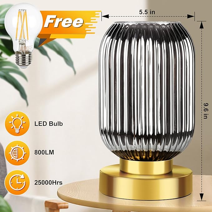 Mid Century Modern Table Lamp with Smoke Grey Ribbed Glass Shade, Touch Control & 3 Way Dimmable, Small Gold, Vintage Bedside Lamp for Bedroom, Living Room, Office (Bulb Included)