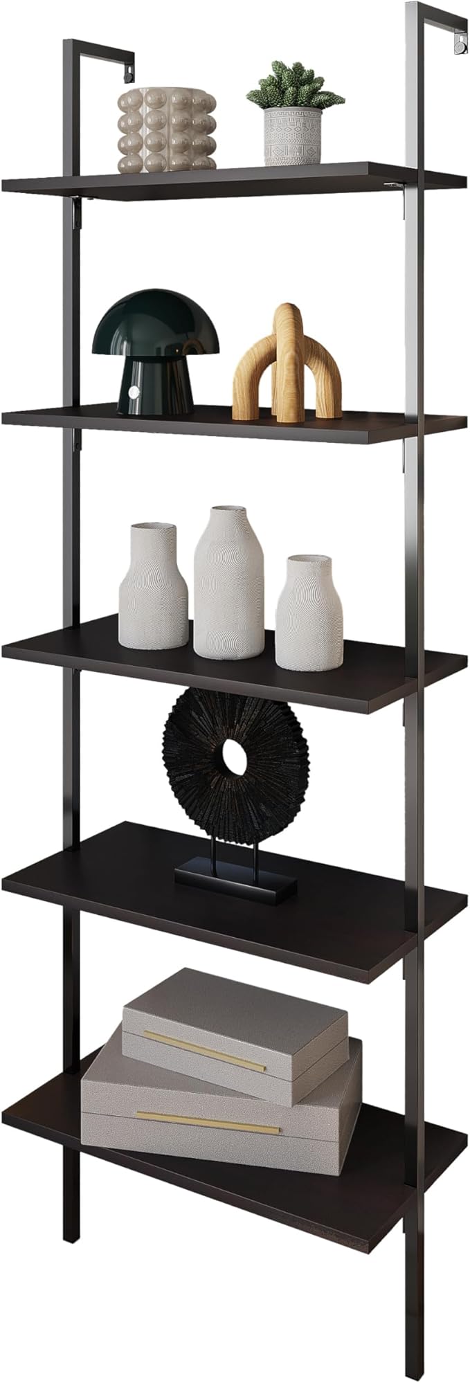 happimess MSH1001A Madera 72.05" Classic Industrial 5-Shelf Wood Wall-Mounted Open Ladder Bookcase with Metal Frame, Black