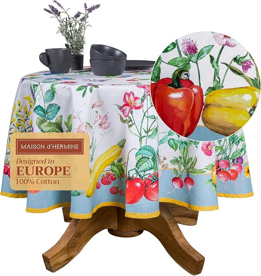 Maison d' Hermine Table Cloth Round Table 100% Cotton 69 Round Inches Tablecloth Reusable Decorative for Dining Room Farmhouse Home Valentines Day Decorations Spring Summer - Giverny