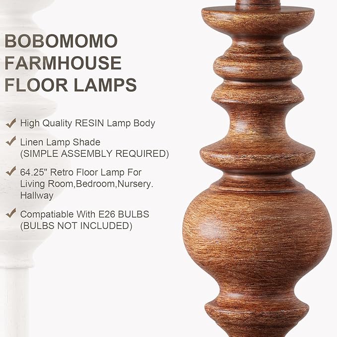 BOBOMOMO 64.25" Farmhouse Floor Lamp with Remote, Dimmable Floor Lamp with Adjustable Color Temperatures, Tall Rustic Standing Lamp for Living Room Corner, Bedroom & Nursery, 9W Bulb Included,Brown