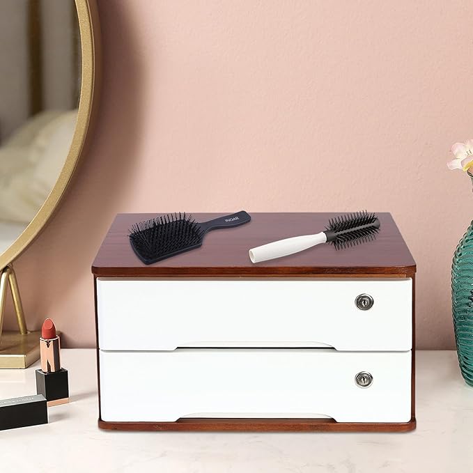 Wooden Desk Organizer with Drawers & Lock Desktop Storage Cabinet Tabletop Organizing Unit for Home Office Supplies File Stationery Jewelry (Dark Brown, 2 Tiers)
