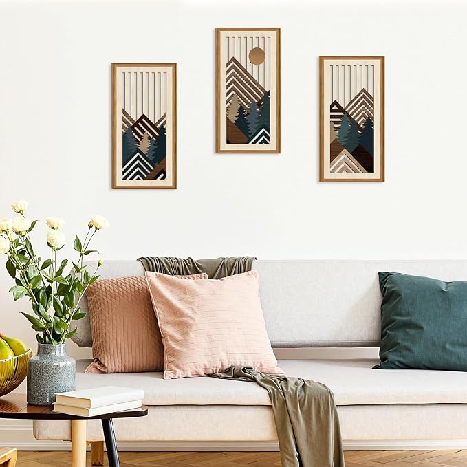 Celestdeco Boho Abstract Mountain Wood Wall Art Modern Geometric Artwork Bohemian Sun Forest Wood Wall Decor Mountain Tree Hanging Decor for Living Room Bedroom 7.9 x15.8 Inch