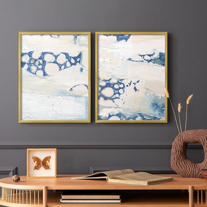 Renditions Gallery Set of 2 Peel & Stick Framed Prints, Textured Abstract Wall Art, Beach Themed Bubble Design Wall Decor, Re-Stickable - Ready to Hang - 8"x10" - GOLD Frame LT588
