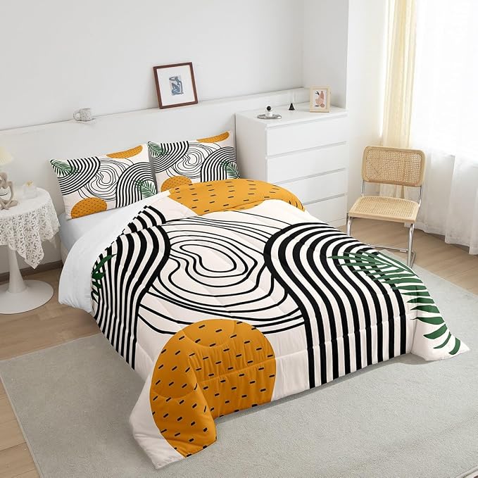 Erosebridal Modern Comforter Twin Abstract Art Bedding Set, Orange Black White Aesthetic Down Comforter Retro Minimalism Bed Set, Mid Century Quilted Duvet Geometric Striped Decor