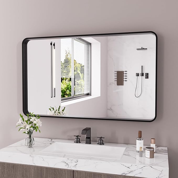 Black Bathroom Mirror 50X30 Inch, Black Metal Framed Mirror for Wall, Rounded Rectangle Matte Bathroom Vanity Mirror with Tempered Glass, Anti-Rust, Horizontal/Vertical