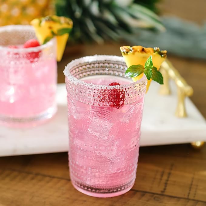 Hobnail Beaded Floral Clear Drinking Glasses Set of 6, (13 oz) Vintage Glassware Set by Kate Aspen| Cocktail Glass Set, Juice Glass, Water Cups | Great Hostess Gift & Gift for New Home Owners