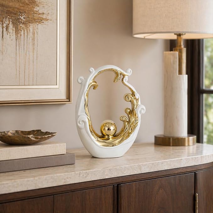Abstract Ceramic Sculpture, White and Gold Modern Tabletop Statue Wave-Inspired, for Home Decor, Decorative Accent for Shelf, Mantel, Coffee Table, Console or Entryway