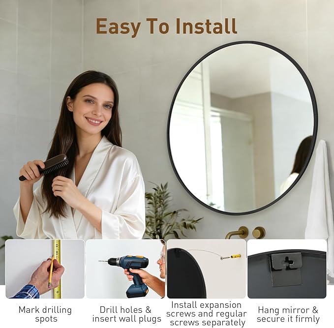 NEWBULIG Wall Mirror, Bathroom Mirror for Over Sink, Matte Metal Framed Vanity Mirror, Wall Decor for Bedroom, Tempered Glass