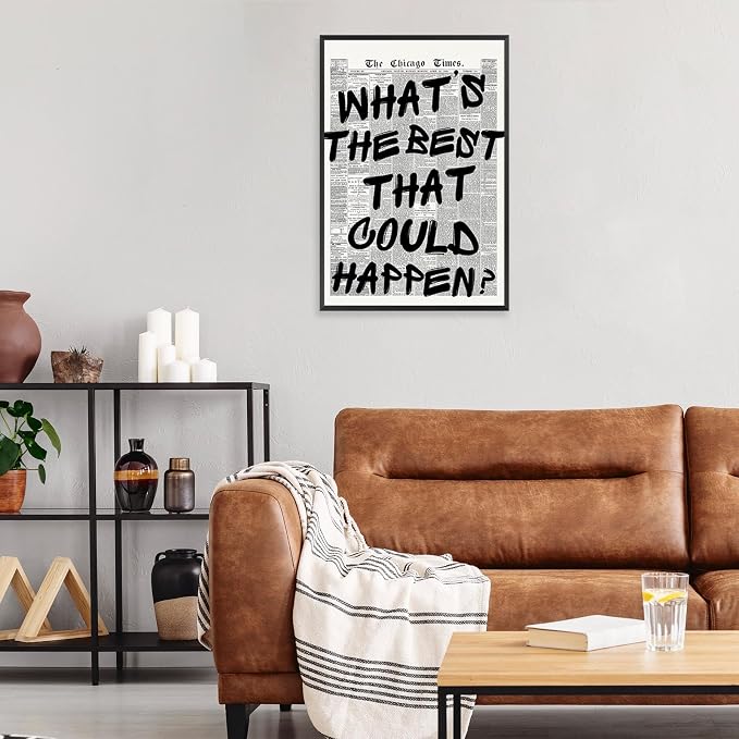 Retro Black And White Newspaper Poster Whats The Best That Could Happen Canvas Wall Art Positive Affirming Quote Minimalist Prints Painting For Home Bedroom Dorm Wall Decor 16x24in Framed