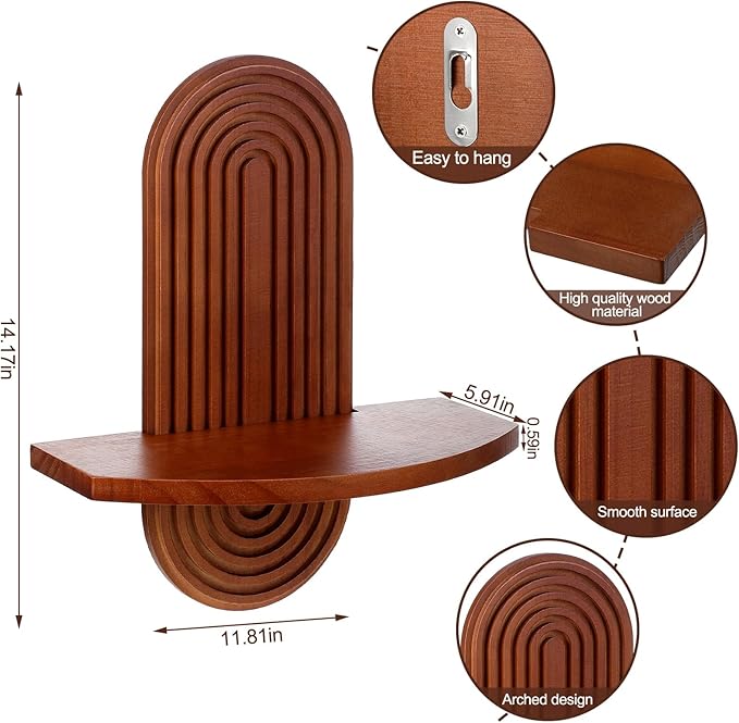 Suzile 2 Pcs Arched Boho Wooden Wall Shelves Mid Century Shelves Walnut Holders Hanging Wood Wall Mount Rainbow Shelf Rustic Floating Shelf with 2 Hook for Plant Book Bedroom Bathroom Nursery