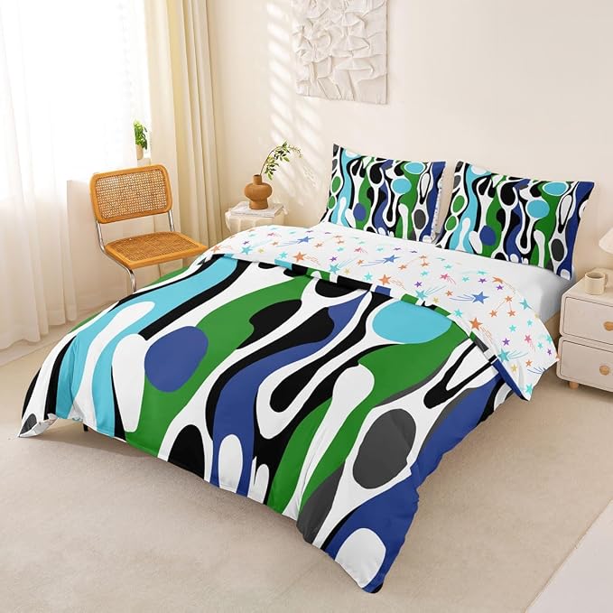 Erosebridal Mid Century Modern Abstract Duvet Cover Set Vintage Geometric Twin Bedding Sets for Girls Teenage Boys Contemporary Organic Shapes Comforter Cover Squiggle Blob Bed Set,Blue Turquoise
