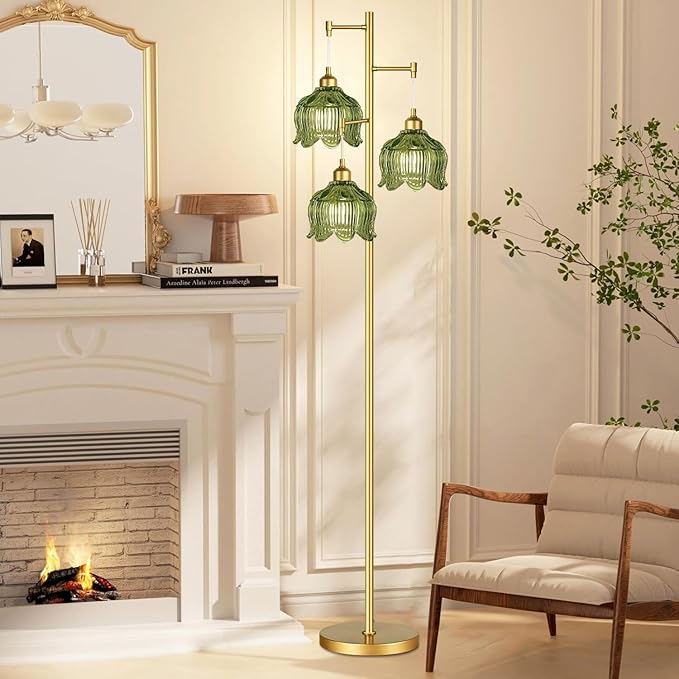 Glass Floor Lamp for Living Room,Bedroom,Gold Mid Century Modern Standing Lamp Brass Tree 3 Light Tall Floor Lamps Vintage Retro Floor Lights Green Flower Lamp Shade Farmhouse Boho Bohemian