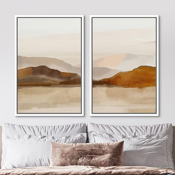 MUDECOR Framed Canvas Print Wall Art Pastel Brown Mountain Range Ocean Lake Wilderness Nature Illustrations Modern Art Decorative Calm/Relax Multicolor Rustic Minimal for Bedroom - 16"x24"x2 White