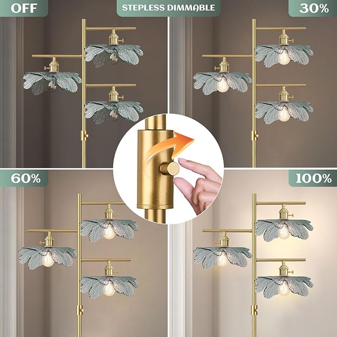 Dimmable Floor Lamp Farmhouse Floor Lamps for Living Room, Antique Brass Tree Lamp Standing Lamp Tall Lamps with Dark Green Glass Shade, Gold Flower Floor Light for Bedroom Corner Study Office