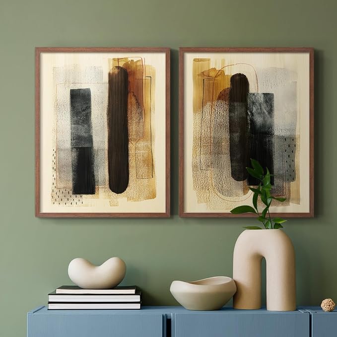 Renditions Gallery Set of 2 Peel & Stick Framed Prints, Pattern Abstract Wall Art, Burnt Toast Pattern Wall Decor, Re-Stickable - Ready to Hang - 16"x20" - Walnut Frame LT588
