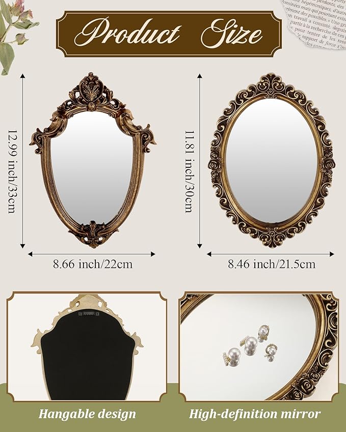 Wonderjune 3 Pcs Vintage Gold Mirror Set Wall Decorative, 8-15in Vintage Wall Mirror Hanging Antique Hanging with Stand for Living Room Home Wedding Decor(Classic Style, 13in/12in/10in)
