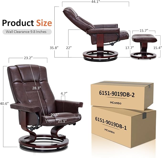 MCombo Manual Swivel Recliner with Ottoman, Chair Ottoman Set for RV Small Spaces, Living Room, Bedroom, Office 9019 4919 (Faux Leather, Dark Brown)