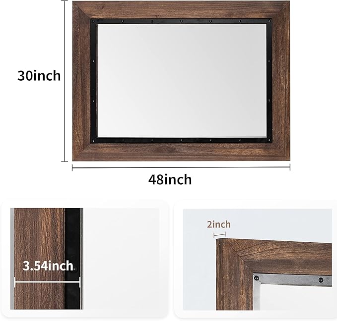 YOSHOOT Rustic Wooden Framed Wall Mirror, 48"x30", Natural Wood and Iron Bathroom Vanity Mirror for Farmhouse Decor, Vertical or Horizontal Hanging