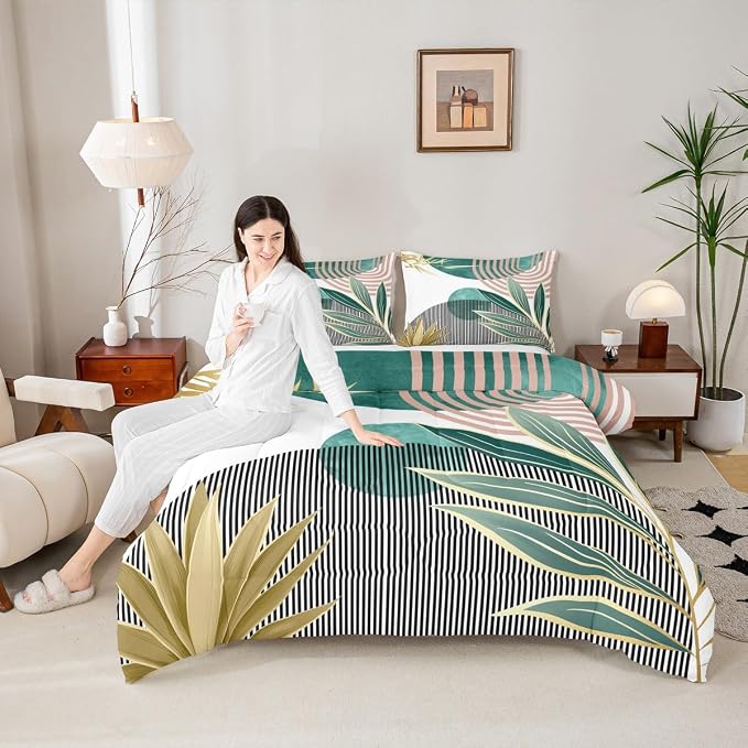 Erosebridal Mid Century Modern Comforter Set Queen Bohemian Bedding Set for Kids Teens,Boho Tropical Modern Down Comforter Abstract Sun Minimalist Simple Duvet Insert,Green Pink Room Decor