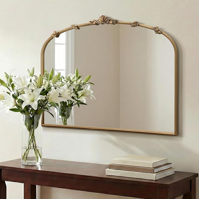 Besdomus Large Vintage Gold Mirror: 36"x29" Traditional Ornate Arched Mirror - French Baroque Antique Mirrors for Wall/Mantel/Bedroom/Entryway/Bathroom/Hallway - Home Decor for Fashion-Conscious
