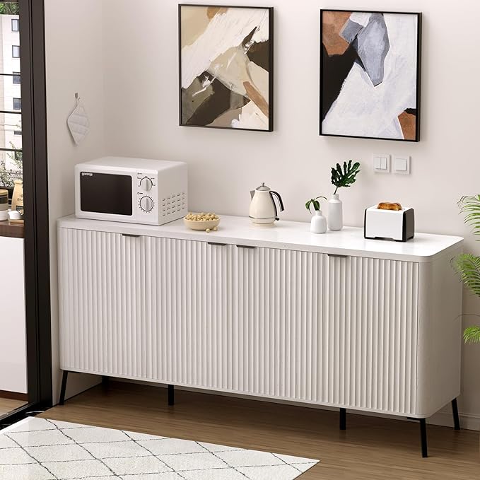 Buffet Cabinet, 63" Large Sideboard Buffet Cabinet with Storage, Modern Fluted Sideboard with 4 Doors, Wood Credenza Coffee Bar Storage Cabinet, for Living Room, Kitchen, Hallway, White