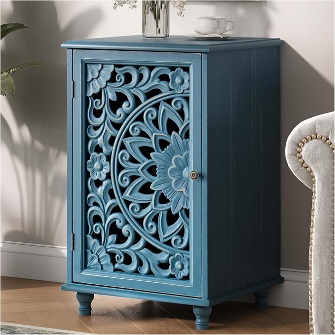 JOINICE Small Accent Cabinet with Carved Mandala Door, Blue Storage Cabinet with Solid Wood Legs & Adjustable Shelf, Boho Distressed End Table for Living Room, Bedroom, Entryway Side Table